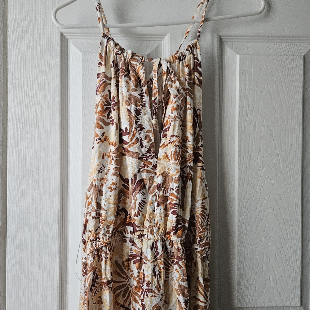 NWT Dress Womens XL Brown Floral Halter Maxi Pleat Slit Neutral Sundress Resort - Picture 4 of 6